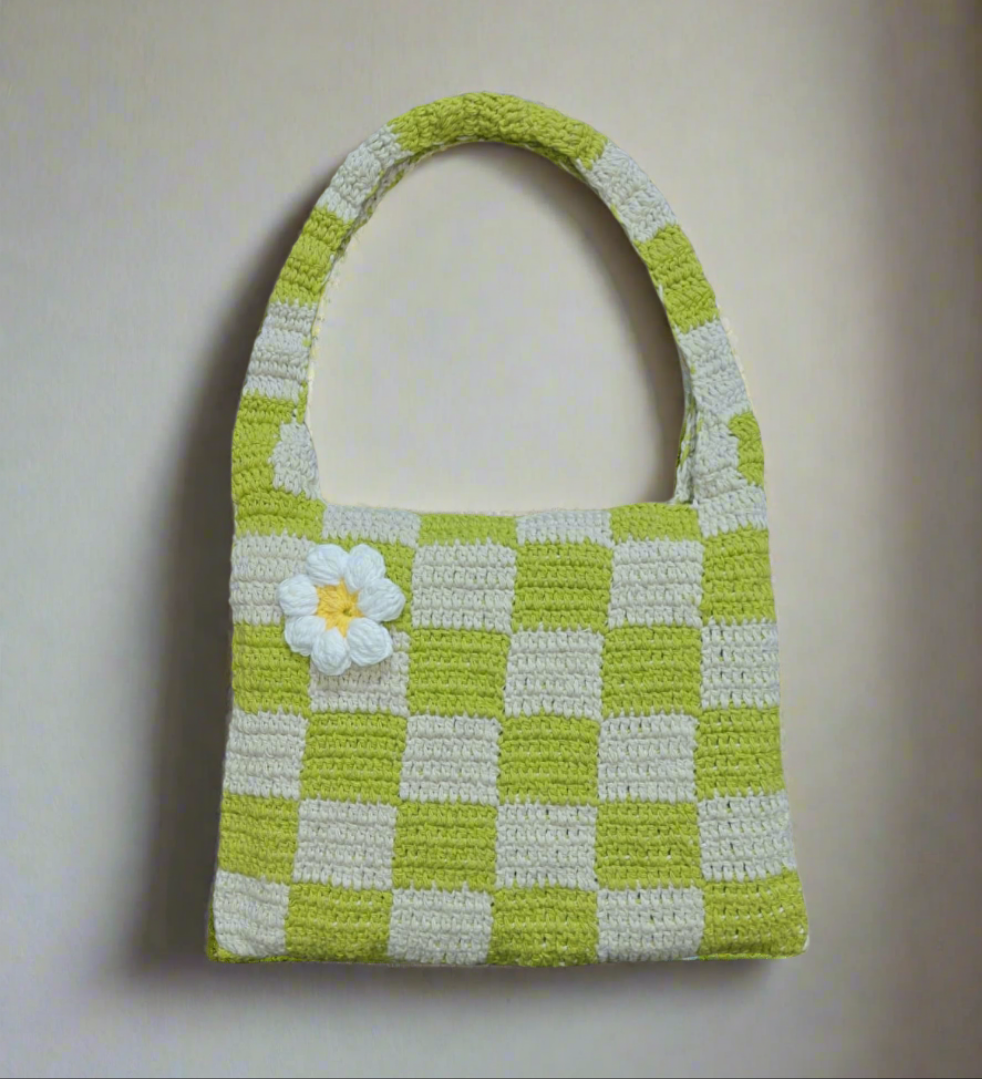 Handmade Crochet Checkered Tote Bag