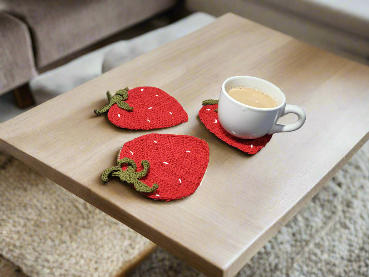 Strawberry Coaster Set (Set of 3) – Handmade with Cotton Yarn