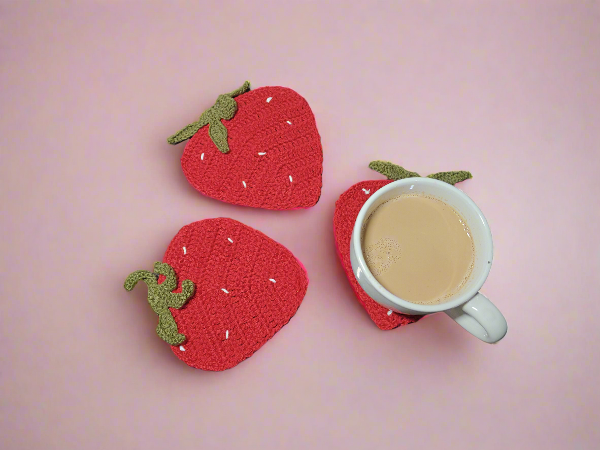 Strawberry Coaster Set (Set of 3) – Handmade with Cotton Yarn