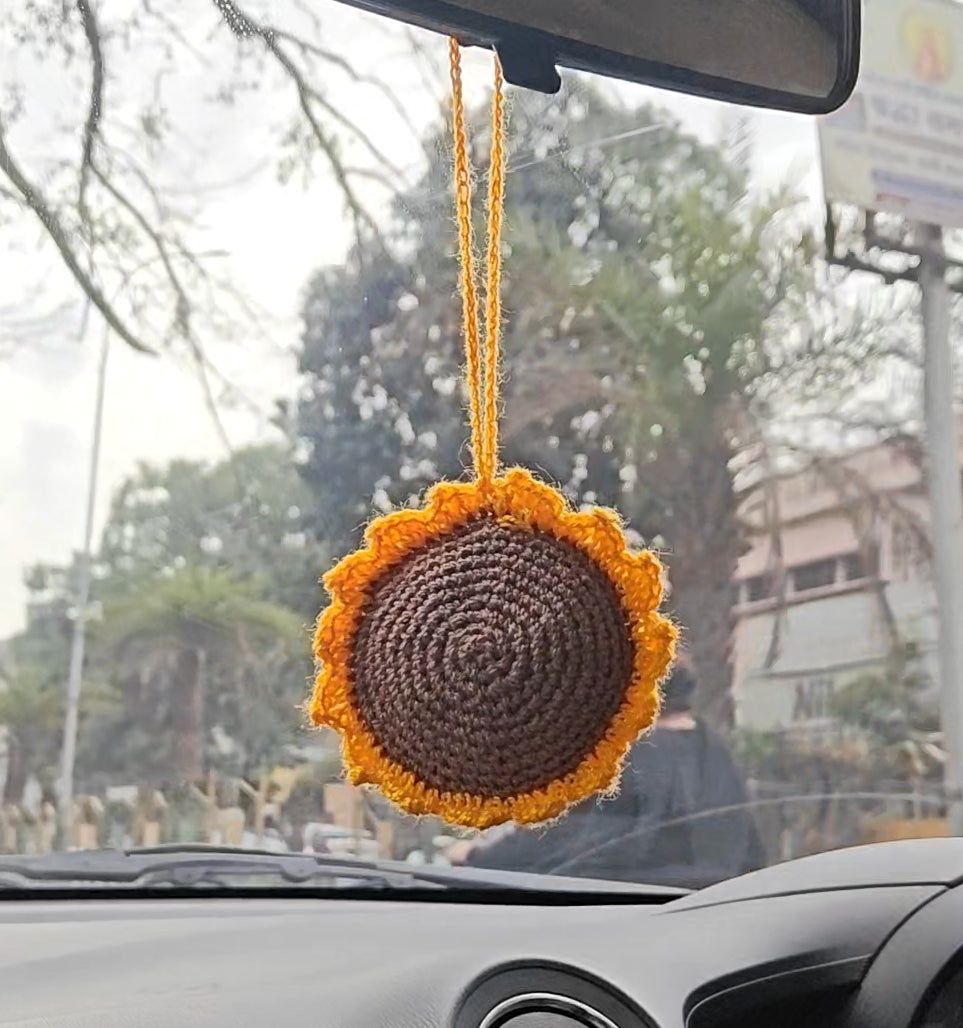 crochet sunflower rearview mirror charm