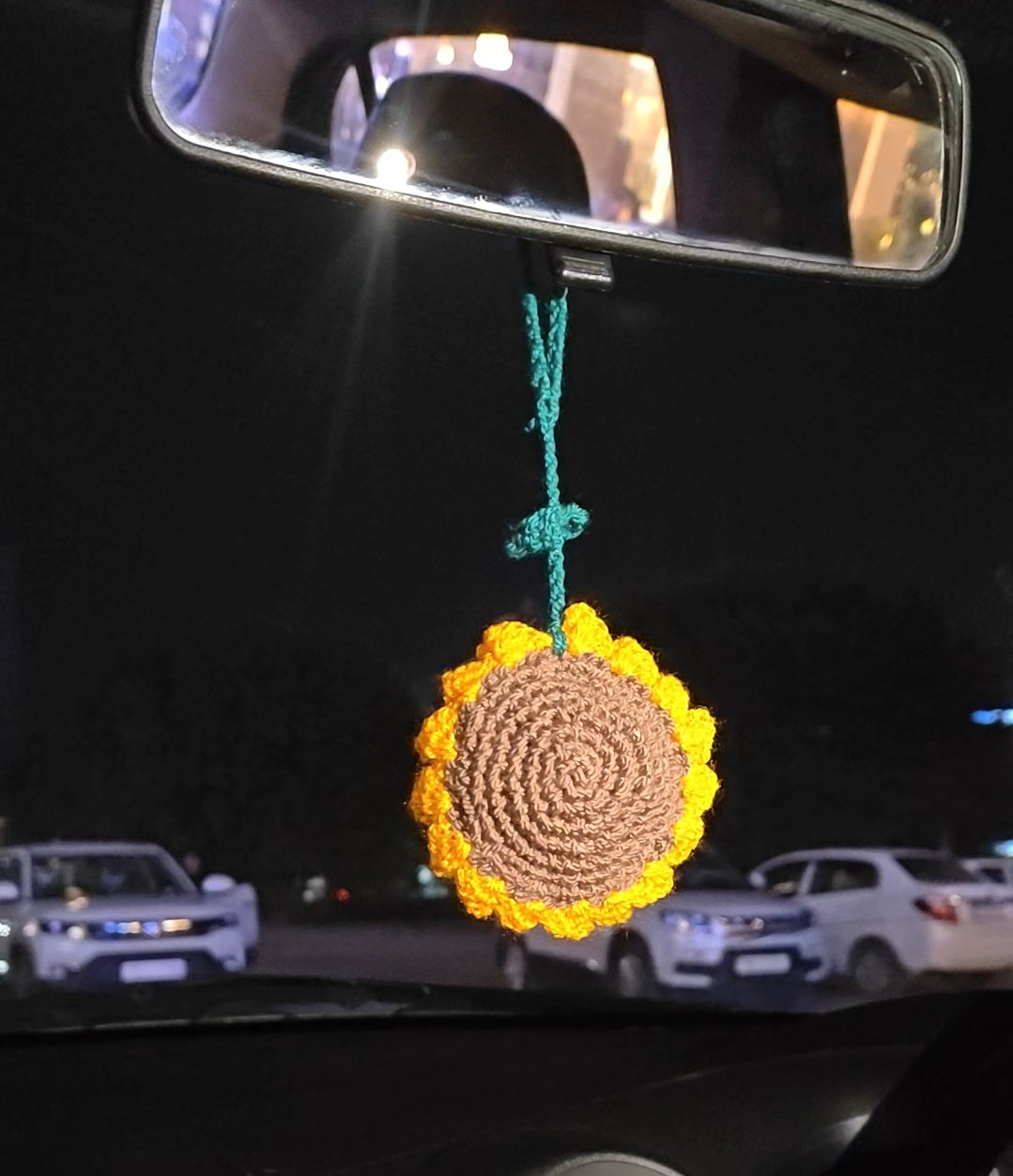 crochet sunflower rearview mirror charm